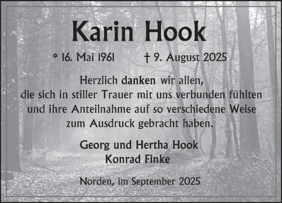 Traueranzeige von Karin Hook von Ostfriesischer Kurier