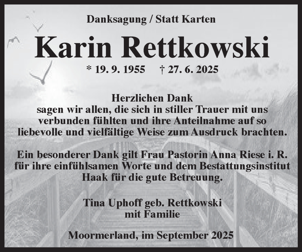  Traueranzeige für Karin Rettkowski vom 13.09.2025 aus Ostfriesischer Kurier