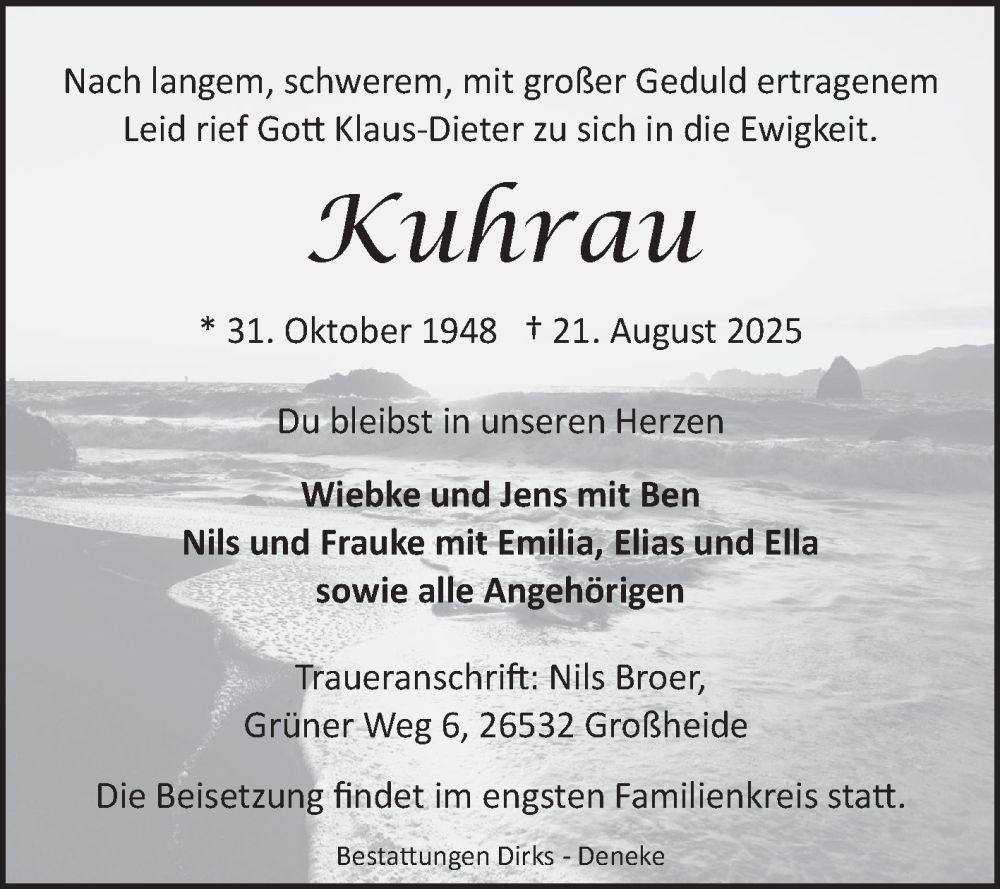  Traueranzeige für Klaus-Dieter Kuhrau vom 30.08.2025 aus Ostfriesischer Kurier