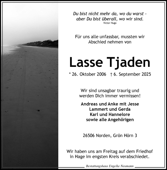 Traueranzeige von Lasse Tjaden von Ostfriesischer Kurier