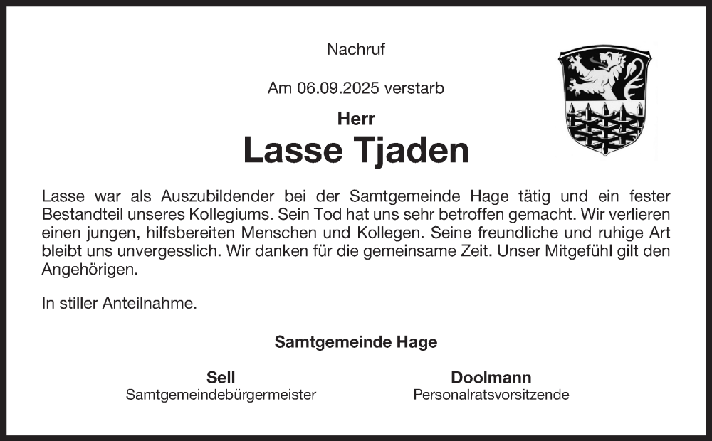  Traueranzeige für Lasse Tjaden vom 16.09.2025 aus Ostfriesischer Kurier