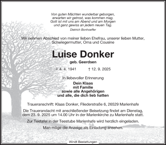 Traueranzeige von Luise Donker von Ostfriesischer Kurier