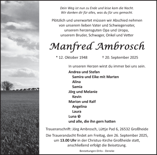 Traueranzeige von Manfred Ambrosch von Ostfriesischer Kurier