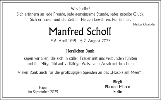 Traueranzeige von Manfred Scholl von Ostfriesischer Kurier