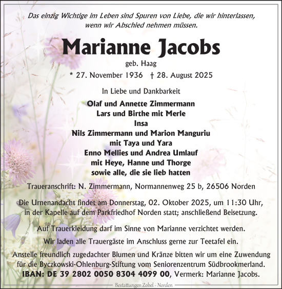 Traueranzeige von Marianne Jacobs von Ostfriesischer Kurier