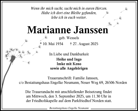 Traueranzeige von Marianne Janssen von Ostfriesischer Kurier