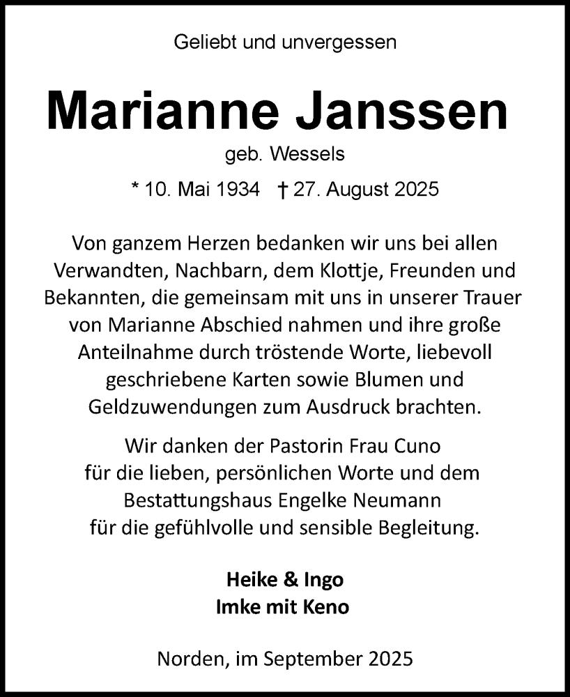  Traueranzeige für Marianne Janssen vom 20.09.2025 aus Ostfriesischer Kurier