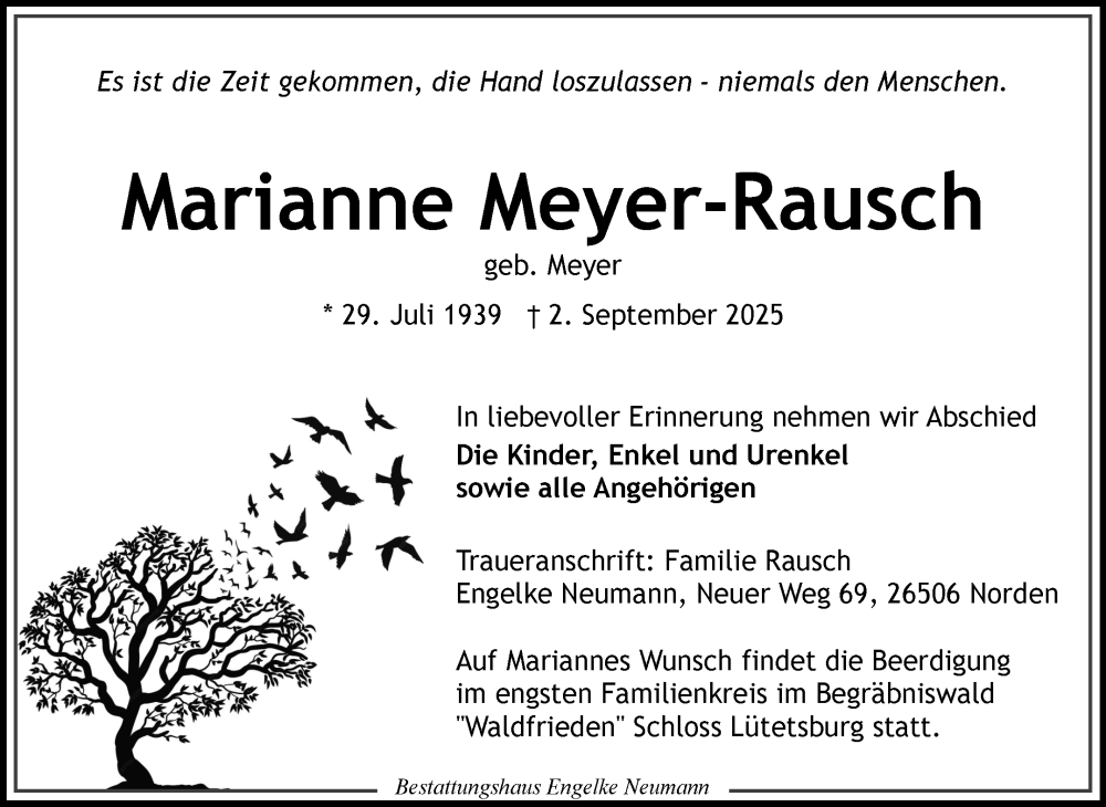  Traueranzeige für Marianne Meyer-Rausch vom 06.09.2025 aus Ostfriesischer Kurier