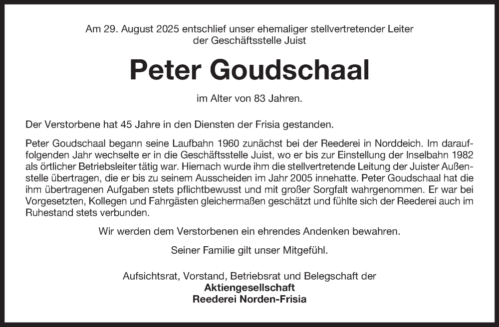  Traueranzeige für Peter Goudschaal vom 13.09.2025 aus Ostfriesischer Kurier