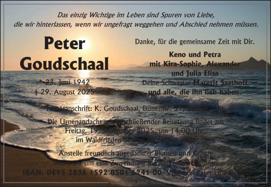 Traueranzeige von Peter Goudschaal von Ostfriesischer Kurier