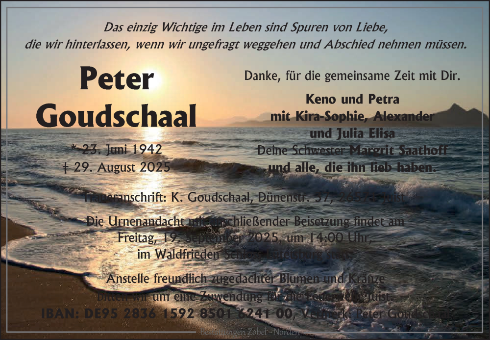  Traueranzeige für Peter Goudschaal vom 13.09.2025 aus Ostfriesischer Kurier