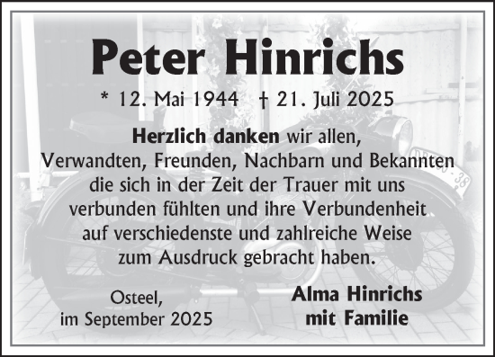 Traueranzeige von Peter Hinrichs von Ostfriesischer Kurier