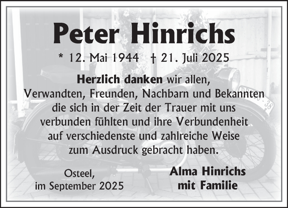  Traueranzeige für Peter Hinrichs vom 06.09.2025 aus Ostfriesischer Kurier
