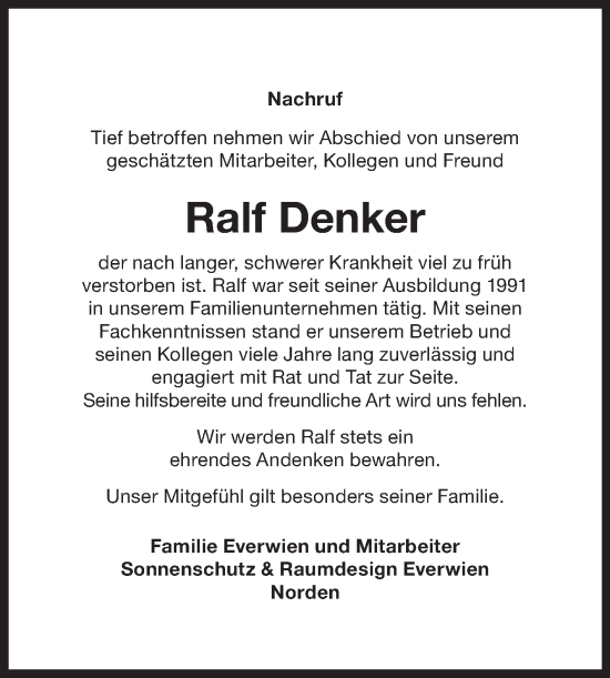 Traueranzeige von Ralf Denker von Ostfriesischer Kurier