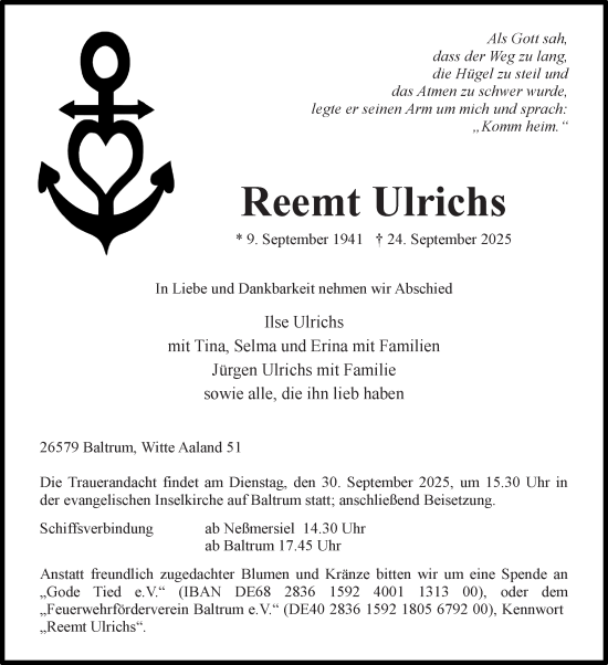 Traueranzeige von Reemt Ulrichs von Ostfriesischer Kurier