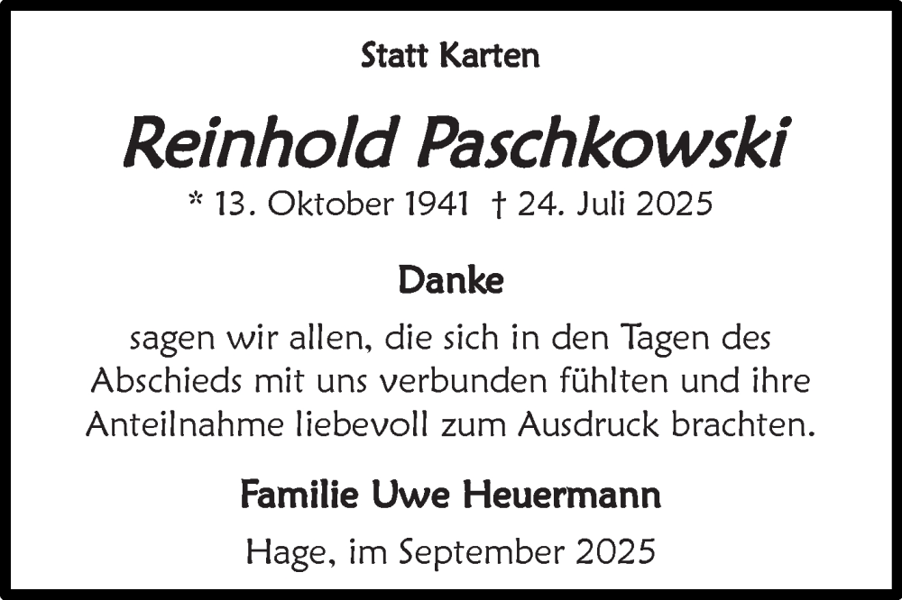  Traueranzeige für Reinhold Paschkowski vom 13.09.2025 aus Ostfriesischer Kurier