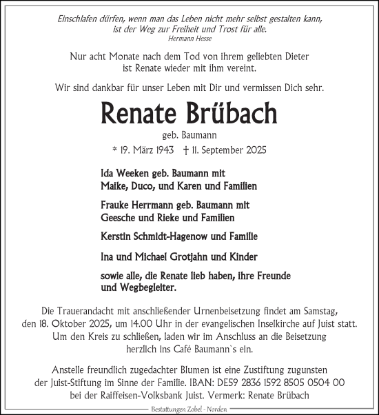 Traueranzeige von Renate Brübach von Ostfriesischer Kurier