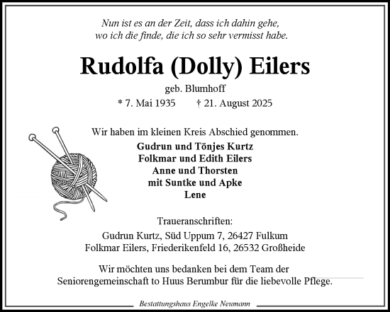 Traueranzeige von Rudolfa Eilers von Ostfriesischer Kurier
