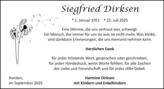 Traueranzeige von Siegfried Dirksen von Ostfriesischer Kurier