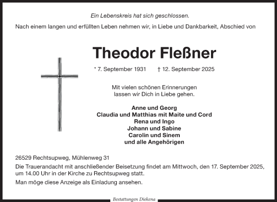 Traueranzeige von Theodor Fleßner von Ostfriesischer Kurier