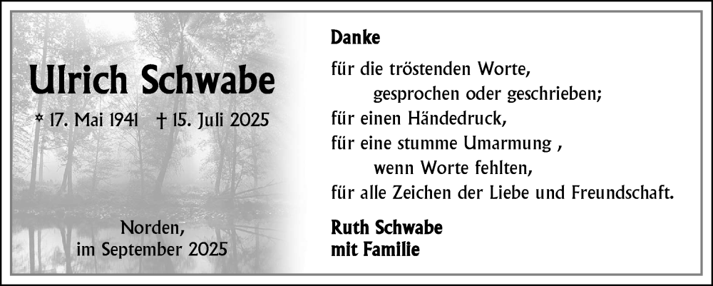  Traueranzeige für Ulrich Schwabe vom 06.09.2025 aus Ostfriesischer Kurier