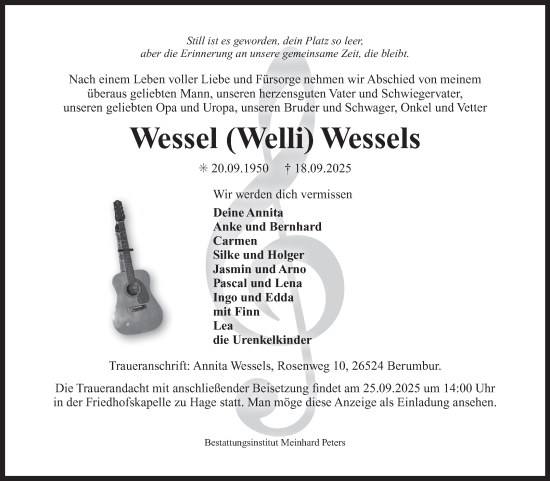 Traueranzeige von Wessel Wessels von Ostfriesischer Kurier