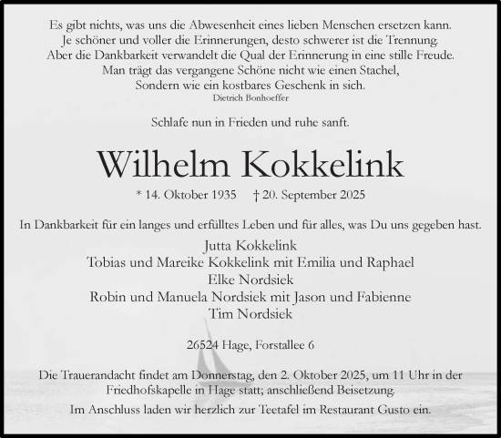 Traueranzeige von Wilhelm Kokkelink von Ostfriesischer Kurier