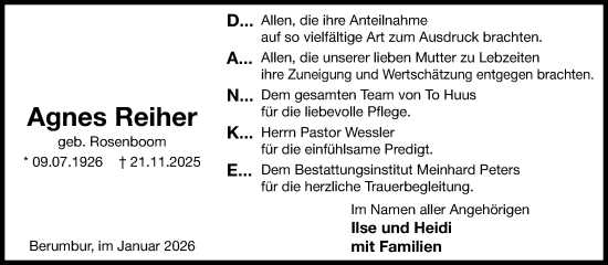 Traueranzeige von Agnes Reiher von Ostfriesischer Kurier