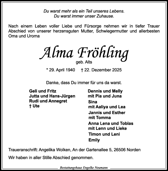 Traueranzeige von Alma Fröhling von Ostfriesischer Kurier