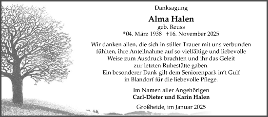 Traueranzeige von Alma Halen von Ostfriesischer Kurier