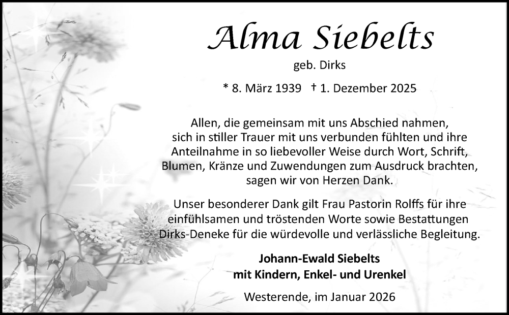  Traueranzeige für Alma Siebelts vom 13.01.2026 aus Ostfriesischer Kurier