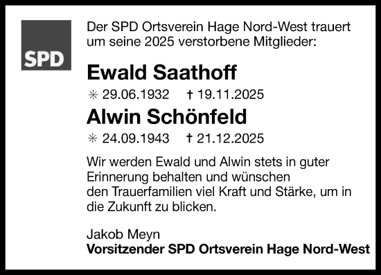 Traueranzeige von Alwin Schönfeld von Ostfriesischer Kurier