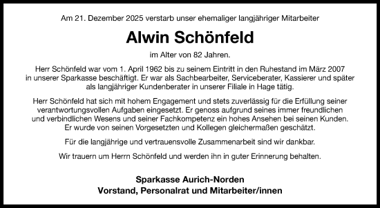 Traueranzeige von Alwin Schönfeld von Ostfriesischer Kurier