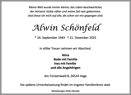 Traueranzeige von Alwin Schönfeld von Ostfriesischer Kurier