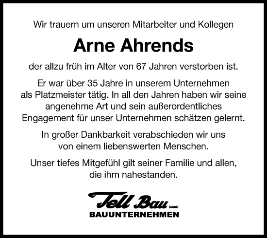 Traueranzeige von Arne Ahrends von Ostfriesischer Kurier