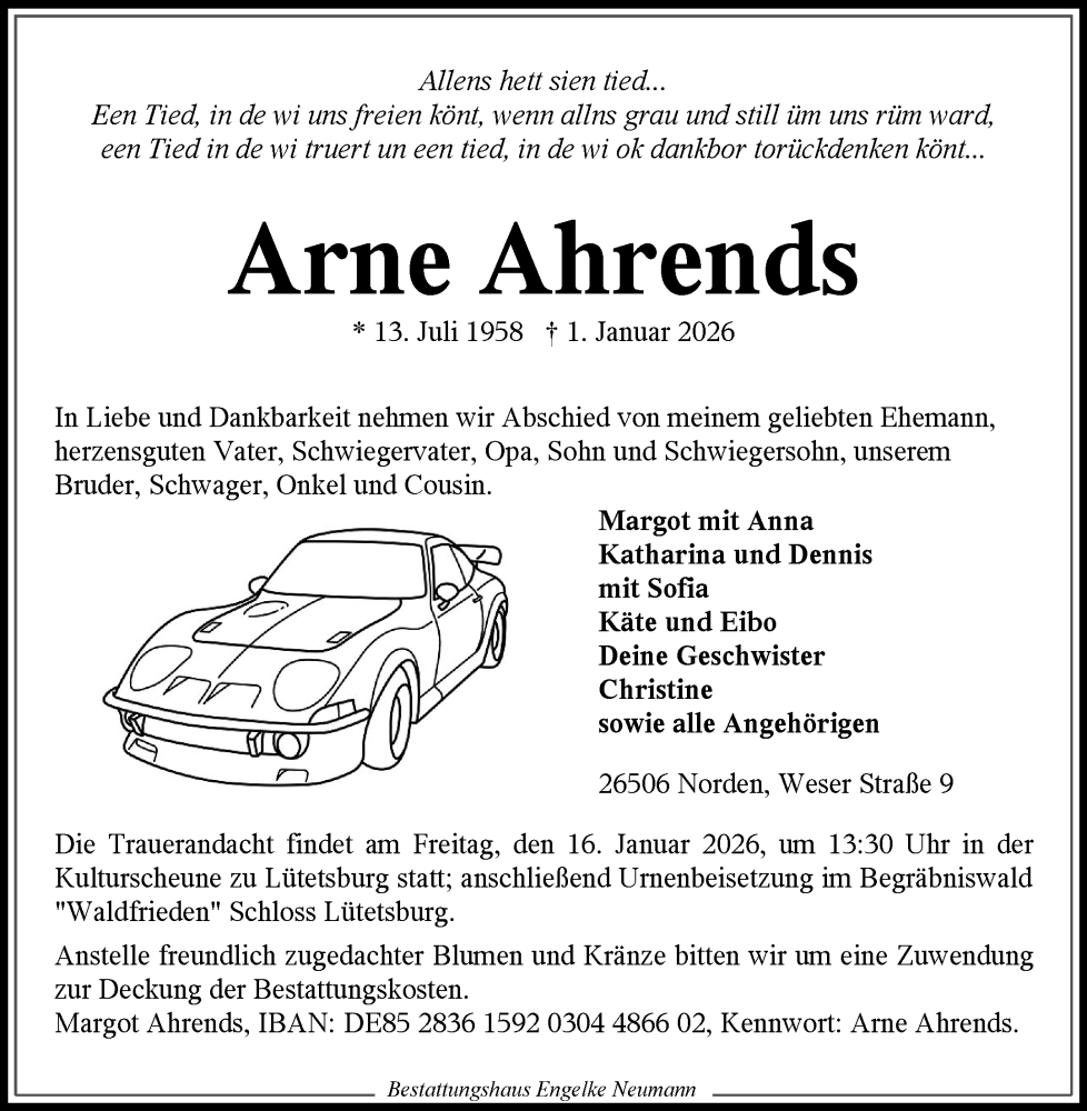  Traueranzeige für Arne Ahrends vom 07.01.2026 aus Ostfriesischer Kurier