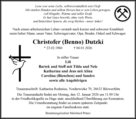 Traueranzeige von Christofer Dutzki von Ostfriesischer Kurier