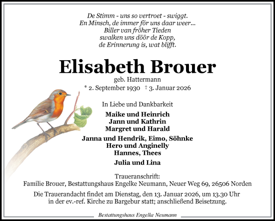 Traueranzeige von Elisabeth Brouer von Ostfriesischer Kurier