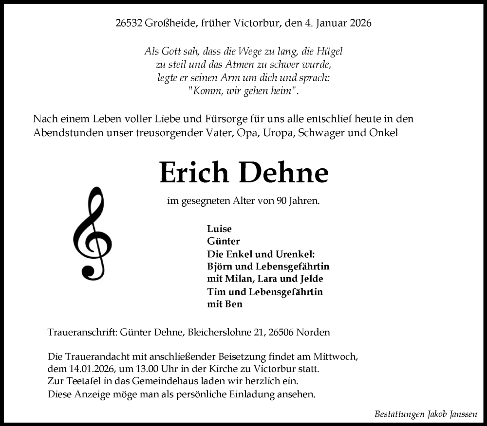  Traueranzeige für Erich Dehne vom 13.01.2026 aus Ostfriesischer Kurier