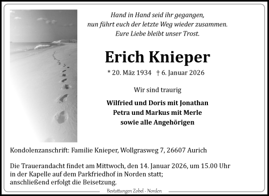 Traueranzeige von Erich Knieper von Ostfriesischer Kurier