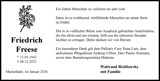 Traueranzeige von Friedrich Freese von Ostfriesischer Kurier