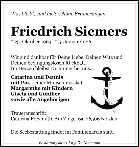 Traueranzeige von Friedrich Siemers von Ostfriesischer Kurier