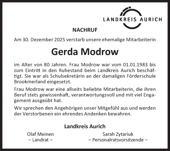 Traueranzeige von Gerda Modrow von Ostfriesischer Kurier