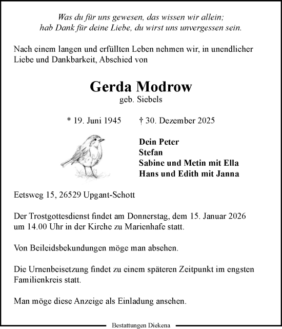 Traueranzeige von Gerda Modrow von Ostfriesischer Kurier