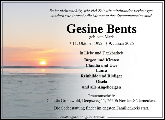 Traueranzeige von Gesine Bents von Ostfriesischer Kurier