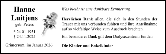 Traueranzeige von Hanne Luitjens von Ostfriesischer Kurier