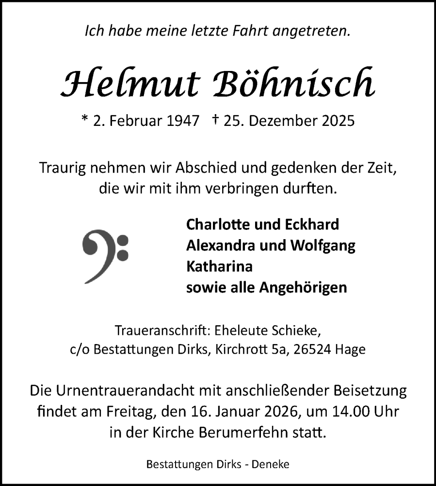  Traueranzeige für Helmut Böhnisch vom 13.01.2026 aus Ostfriesischer Kurier
