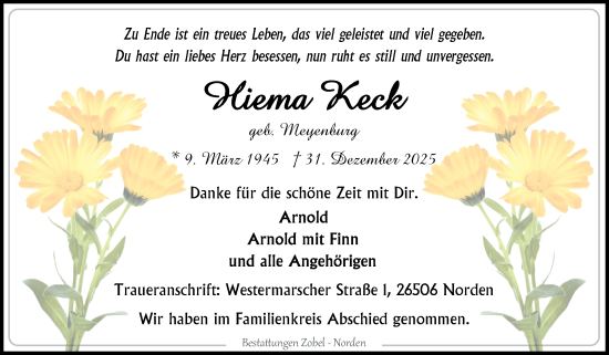 Traueranzeige von Hema Keck von Ostfriesischer Kurier