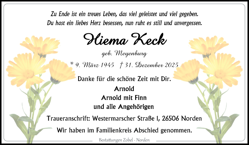  Traueranzeige für Hema Keck vom 13.01.2026 aus Ostfriesischer Kurier