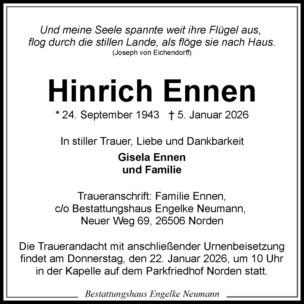  Traueranzeige für Hinrich Ennen vom 13.01.2026 aus Ostfriesischer Kurier